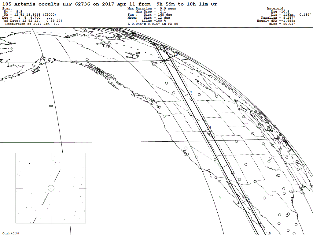 Predicted shadow path of asteroid (105) Artemis via the starlight of HIP 62736, 11 April 2017